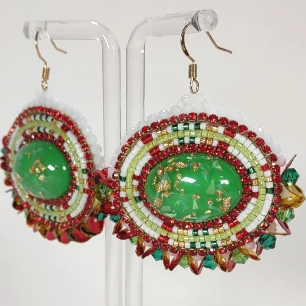 Handmade Beaded Oval With Green Accents Christmas Themed Fishhook Post Earrings